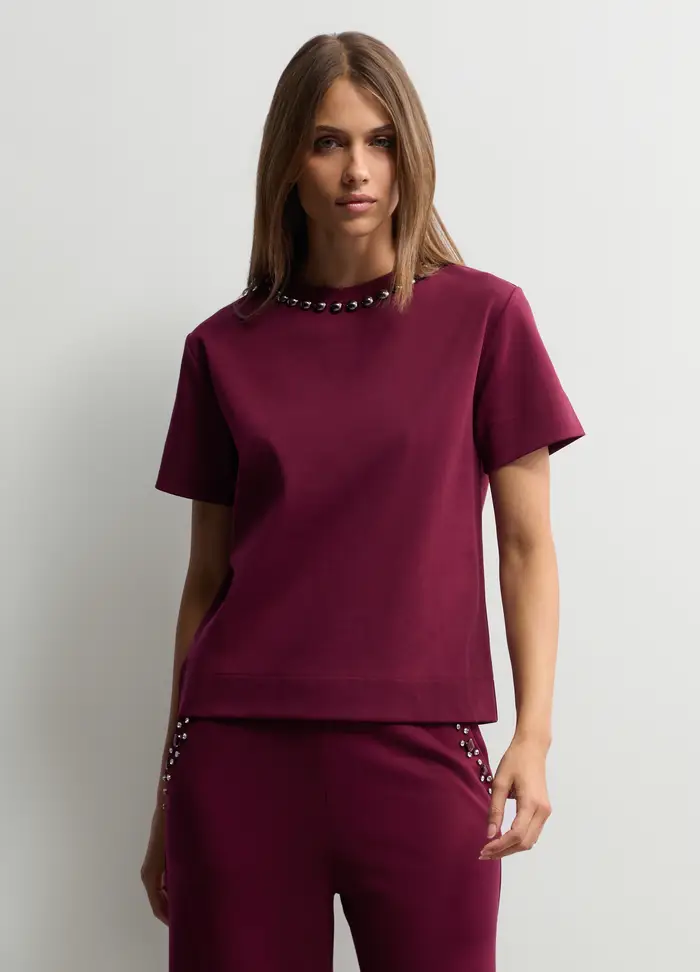 T-shirt Girocollo Stretch Donna, Rosso scuro