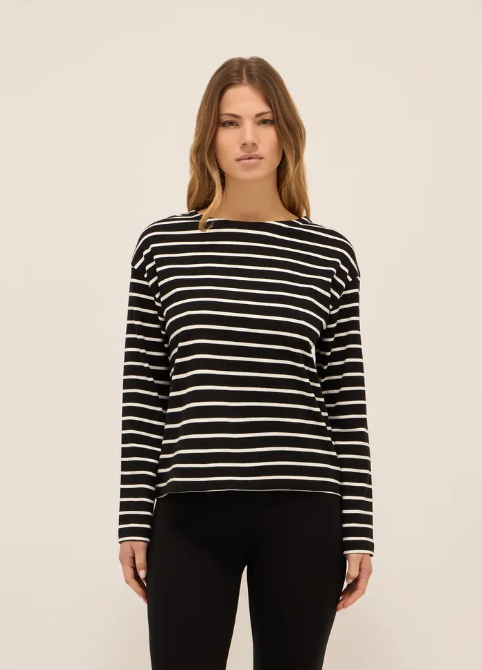 T-shirt In Jersey Di Puro Cotone, Donna, Nero/Bianco
