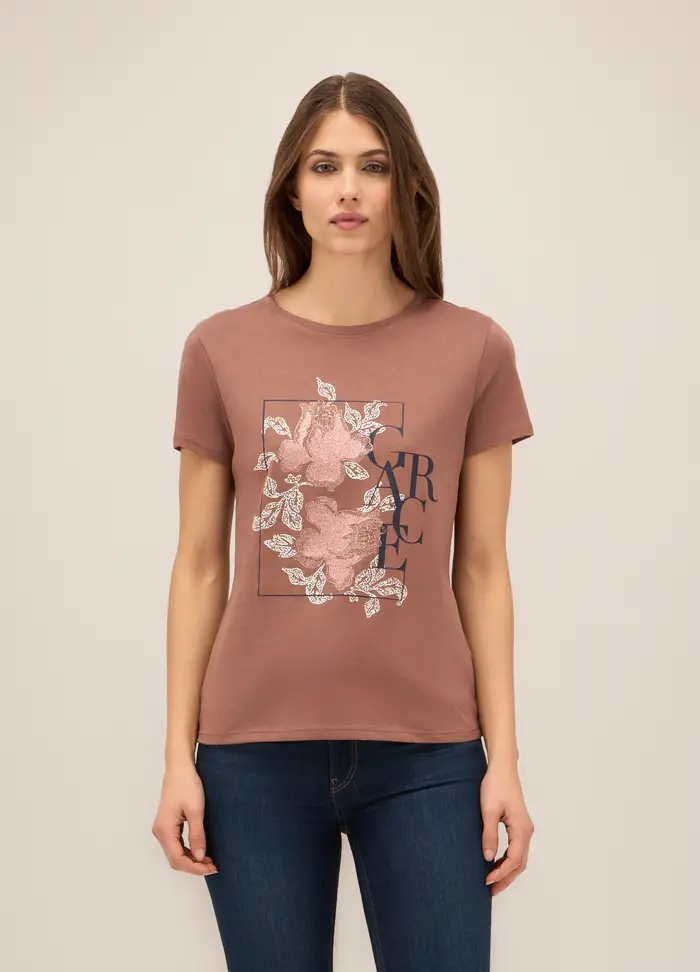 T-shirt In Puro Cotone Donna, Marrone chiaro