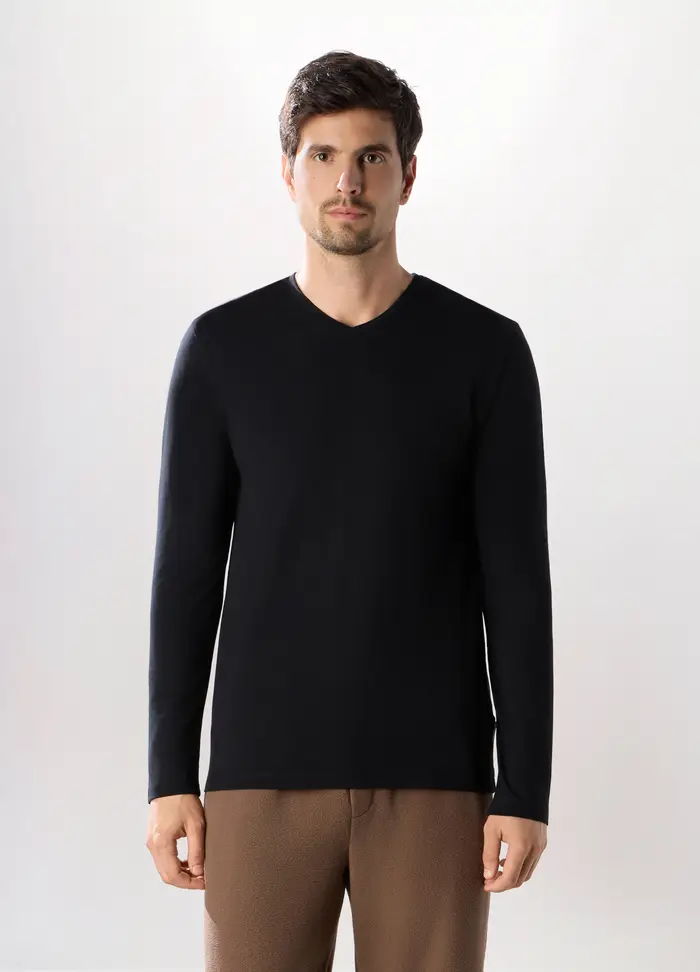 T-shirt Sportiva Collo A V Maniche Lunghe Uomo, Unisex, Nero