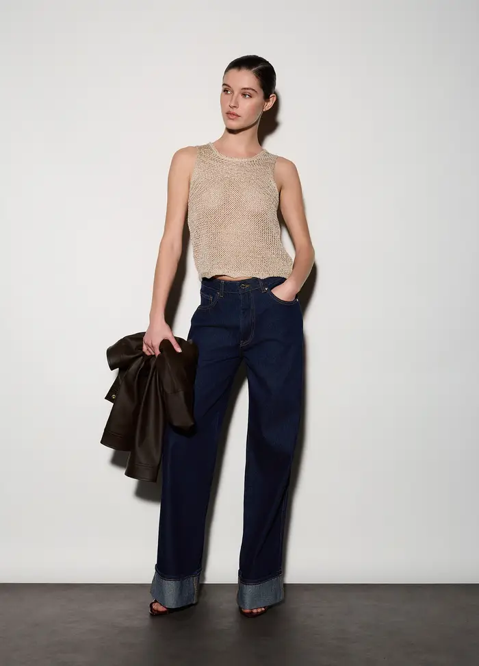 Top Girocollo In Maglia Donna, Unisex, Beige chiaro
