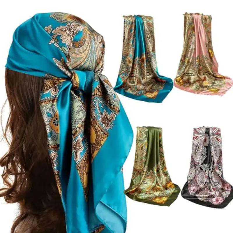 UptVin 4 Bandane con Fiori Finti, Foulard Quadrato in Raso 90 x 90 cm, Accessorio per Capelli, Collo, Fascia, Sciarpe per Donne