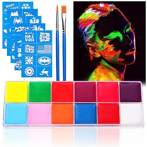 URAQT Glow Paint, 12 Colori Pittura Corpo Face Painting, Color Body Paint Trucchi Neon con 5 Pz Stampini e 2 Pennelli