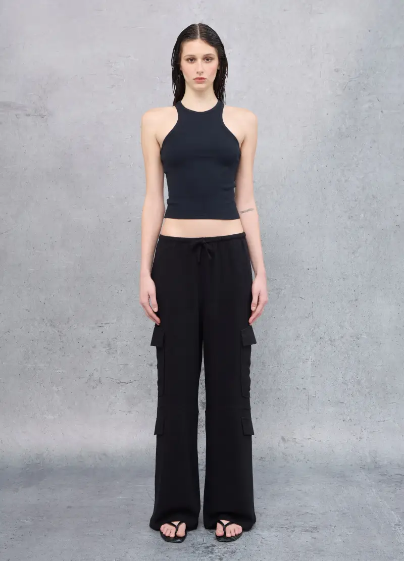 UTOPJA Cargo Linen Wide Leg Pants Black, Donna, Nero