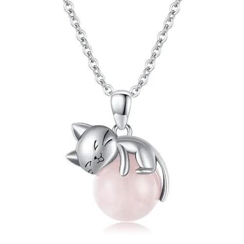 Vadmans Collana di Gatti in Argento Sterling 925 Ciondolo di Quarzo Rosa Gioielli per Donne Regali per Amanti Dei Gatti