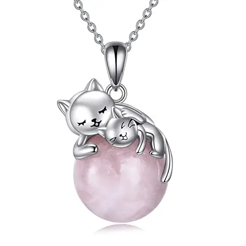 Vadmans Collana di Gatti in Argento Sterling Con Due Ciondoli A Forma di Gatto in Quarzo Rosa Gioielli per Amanti Dei