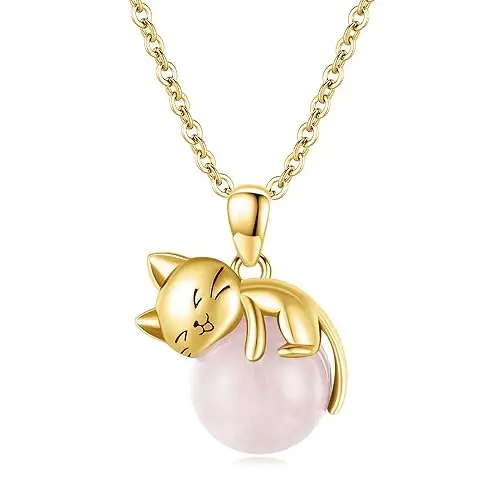 Vadmans Gatto Collana Argento Sterling Quarzo Rosa Ciondolo Gioielli Regali per Donne Ragazze Oro