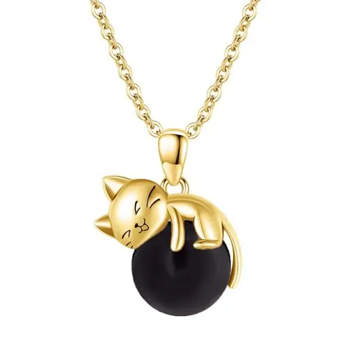 Vadmans Gold Cat Necklace Collana In Argento Sterling Con Ciondolo In Onice Nera Gioielli per Donne