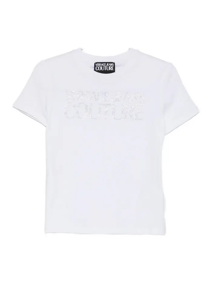 Versace Jeans Couture T-shirt in cotone stretch con logo glitter Bianco