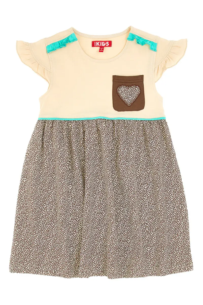 PITT KIDS Vestito Beige con Gonna Animalier e Dettagli Azzurri PT-K-SK-7003