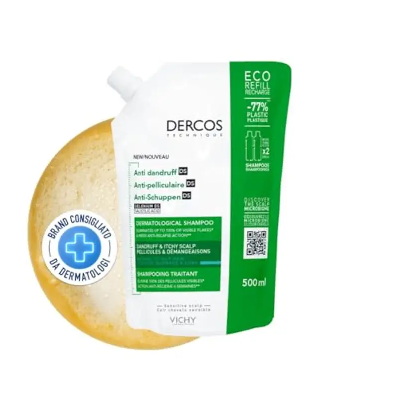 VICHY Dercos, Shampoo Anti-Forfora DS Eco-Ricarica, Per Capelli da Normali a Grassi, Azione Riequilibrante, Effetto