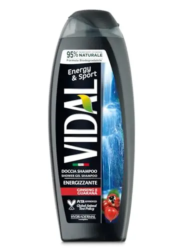 Vidal Docciaschiuma Energy & Sport, Formula Energizzante, con estratti di Ginseng e Guaranà, Dermatologicamente
