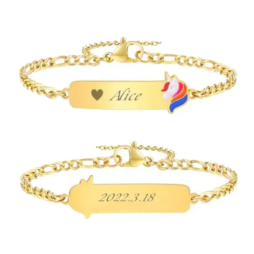 Vnox Bracciale Personalizzato per Bambini Regalo Battesimo: Bracciale Bambini Placcato Oro 18 Carati con Nome Regali