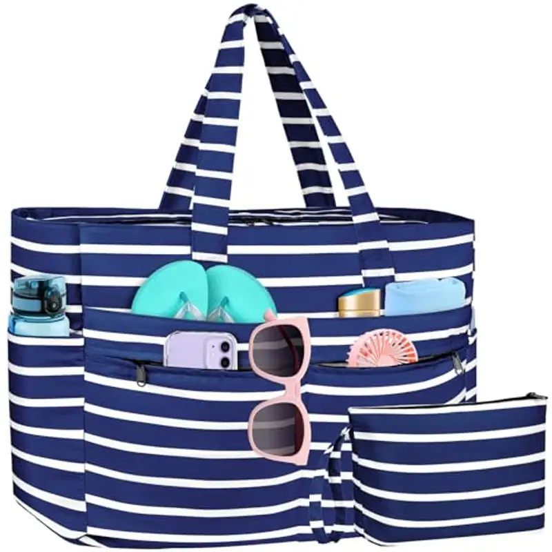 WACCET Borsa Mare Donna Grande, Borsa Spiaggia Donna Impermeabile con Zip Borsa Mare Grande XXL Famiglia 50L Pieghevole Leggera Borsa Beach