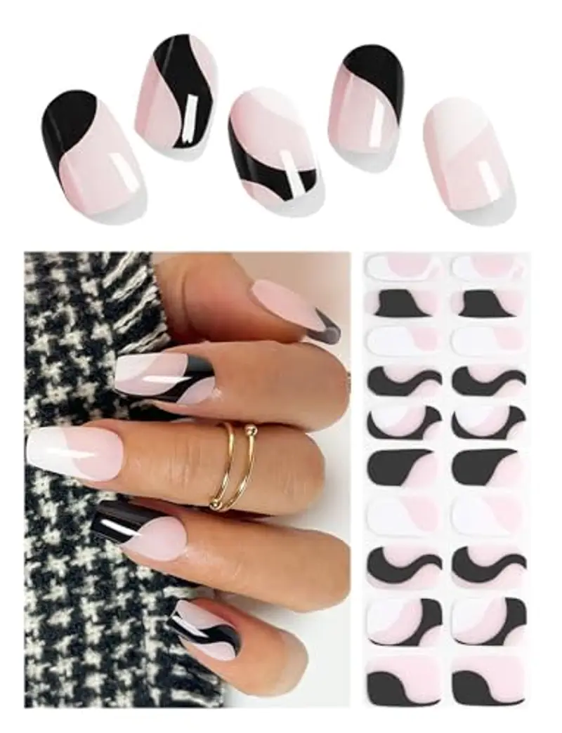 Wahrshei Unghie Gel Adesive UV | Nero e Bianco Francese Smalto Adesivo Gel UV | 20 PCS Pellicola per Unghie Autoadesiva