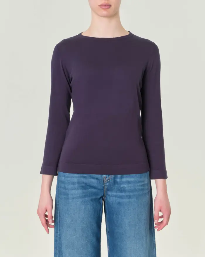 Maglia blu tinta unita in viscosa con scollo tondo e maniche lunghe