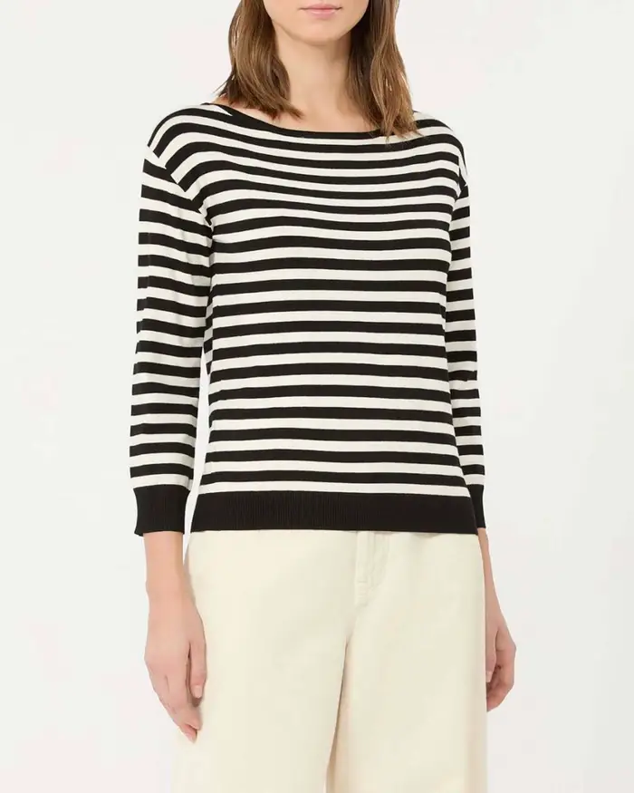 Weekend Max Mara Maglia scollo a barchetta bianca a righe nere in viscosa con maniche tre quarti