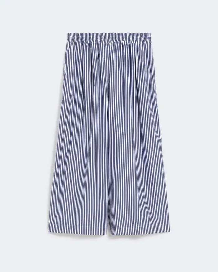 Pantalone crop Weekend Max Mara in popeline a righe blu e bianche con pince e vita elasticizzata