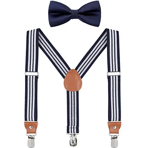 WELROG Bretelle regolabili con papillon in seta per ragazzi e ragazze by Blu navy e bianco a righe+Papillon blu navy