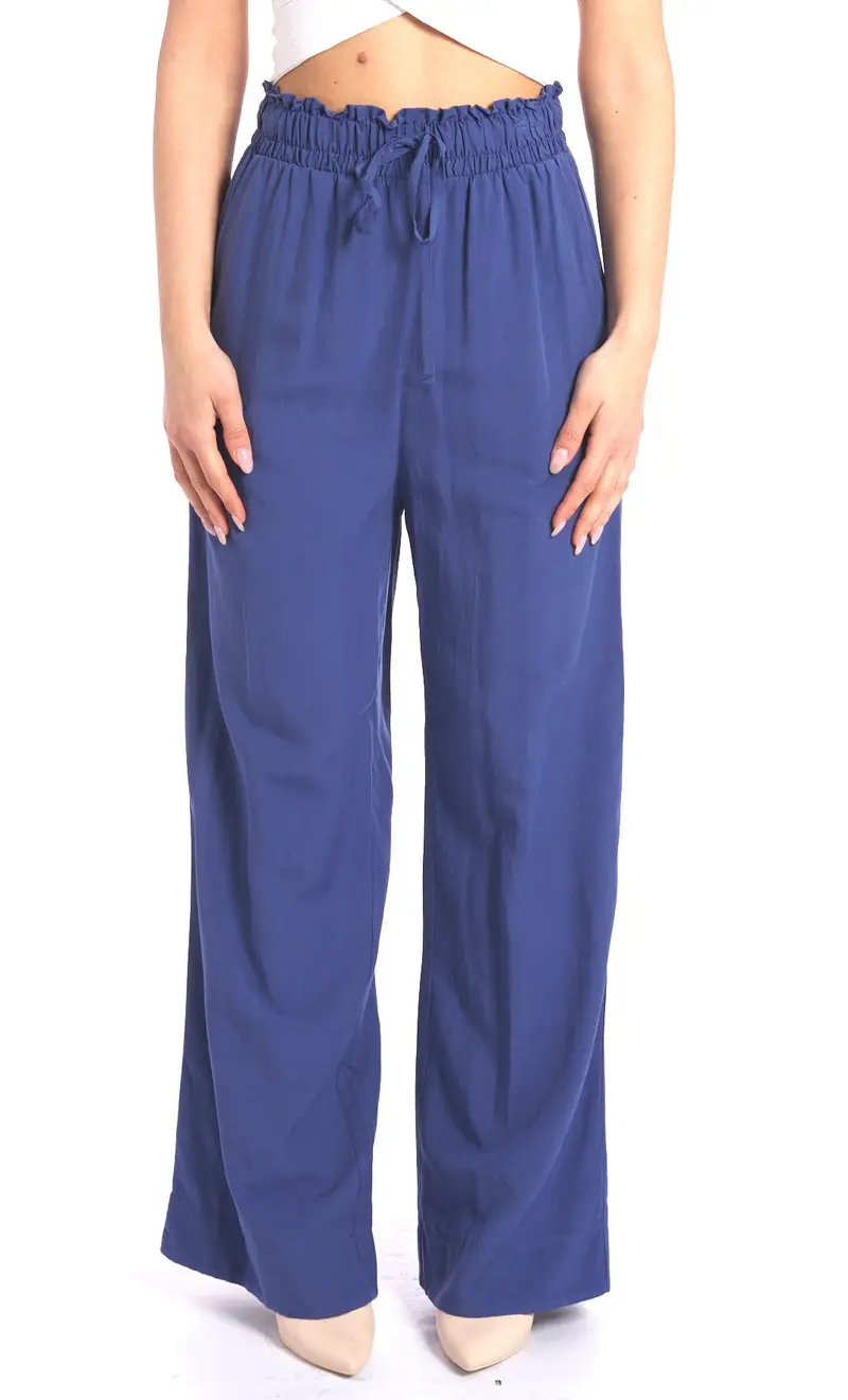 WHITE WISE Pantalone palazzo in misto lino con elastico, colore blu