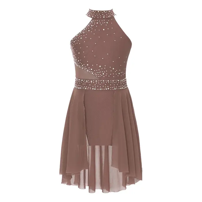 WinYing Abito da Ballo Glitter da Ragazza - Orlo Asimmetrico & Body da Ginnastica Senza Maniche con Strass per Esibizioni 7-8 Years colore
