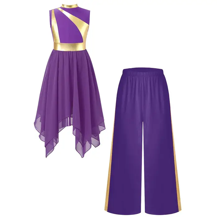 WinYing Abito da danza liturgica da ragazza patchwork metallico senza maniche con orlo asimmetrico e pantaloni a gamba larga coordinati