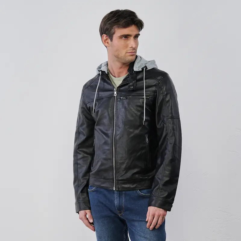 WITH SMITH Giacca nera da uomo in ecopelle con cappuccio in tessuto