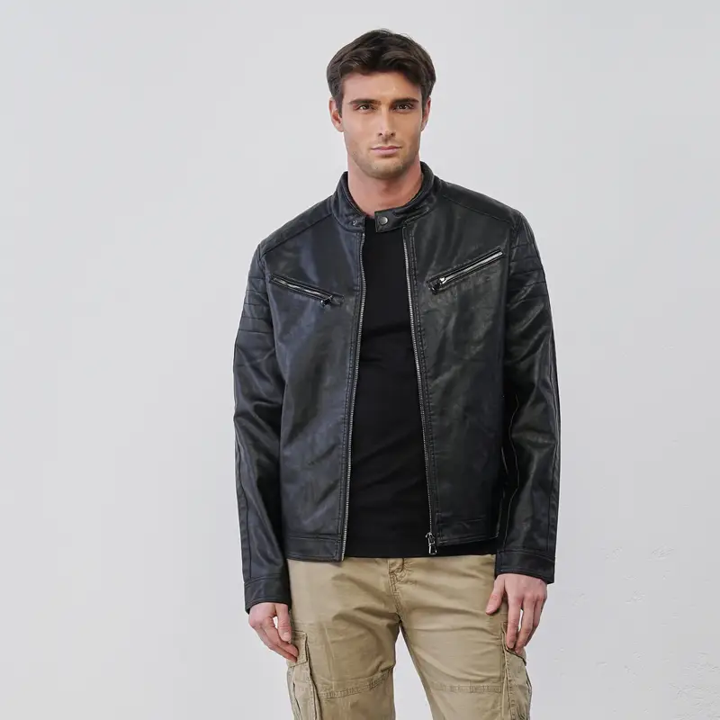 WITH SMITH Giacca nera da uomo in ecopelle con tasche