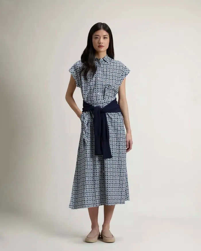 Abito chemisier midi Woolrich blu in misto cotone con stampa geometrica