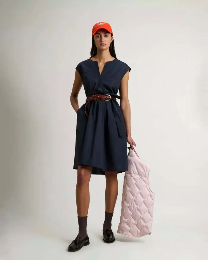 Abito midi Woolrich blu in popeline di cotone con scollo a V