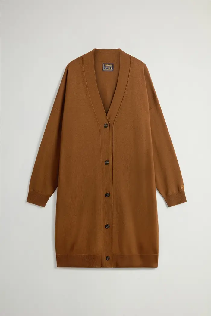 donna Cardigan lungo in pura lana vergine Merino Marrone Bison