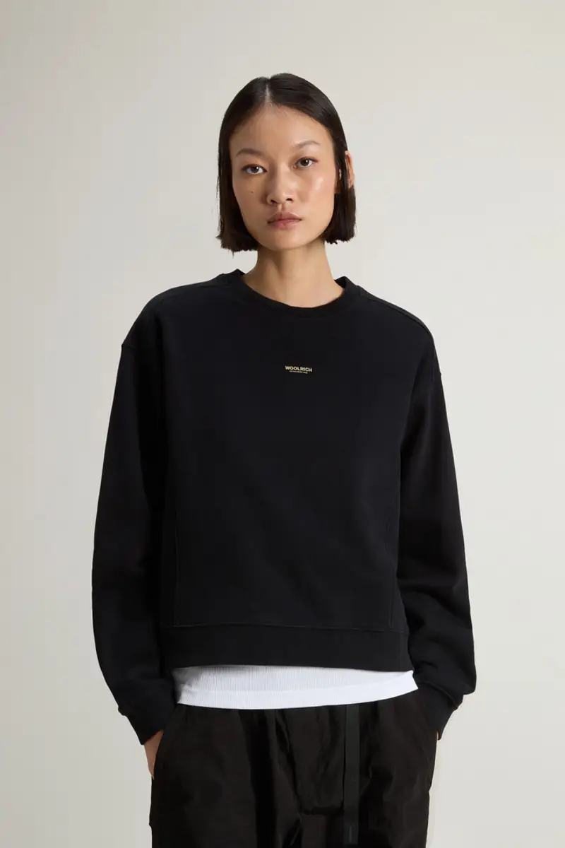 Woolrich Donna Felpa girocollo in puro cotone con logo ricamato Nero
