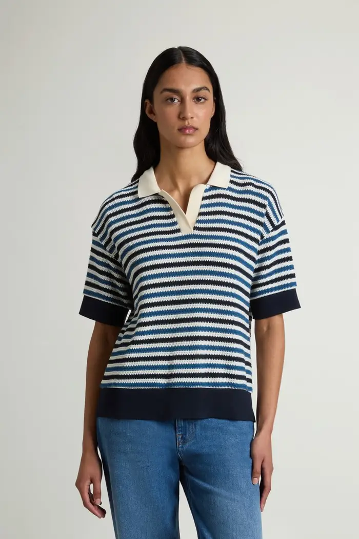 Woolrich donna Polo in misto cotone a righe Multicolore Melton Blue Stripe