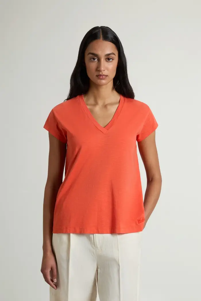 Woolrich donna T-shirt con scollo a V in puro cotone fiammato Rosso Paprika