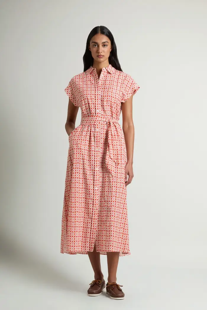 Woolrich donna Vestito chemisier in misto cotone con cintura Rosa Paprika Tile Bloom