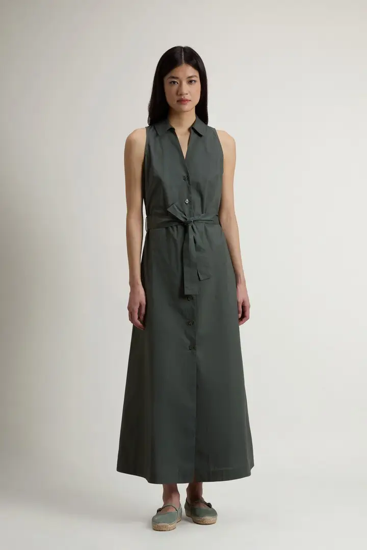 Woolrich donna Vestito chemisier in popeline di puro cotone con cintura Verde Forest Veil