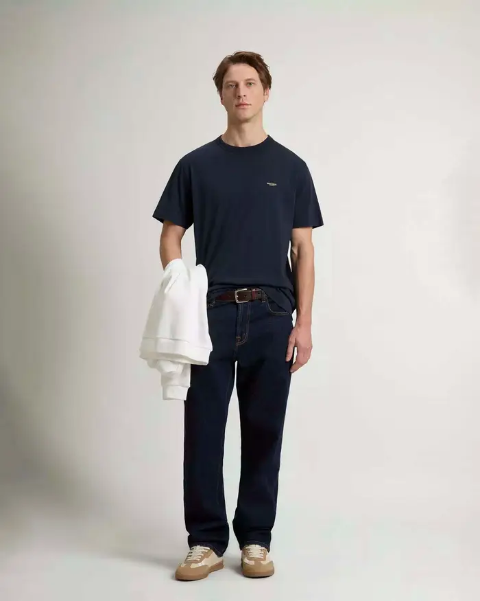 Woolrich T-shirt blu in jersey di cotone con logo stampato al petto