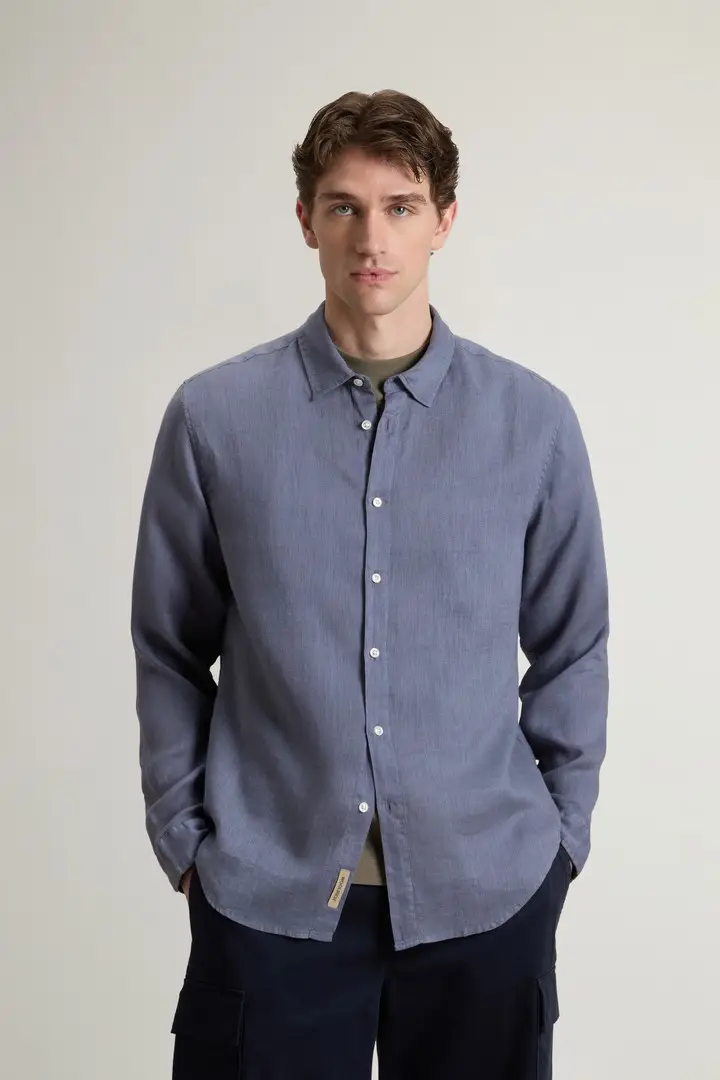 Woolrich uomo Camicia in puro lino tinta in capo Blu Grisaille