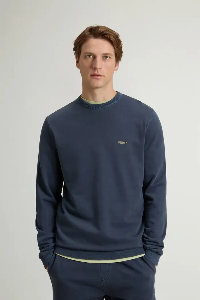Woolrich uomo Felpa girocollo in puro cotone tinta in capo con logo Blu Faded Melton Blue