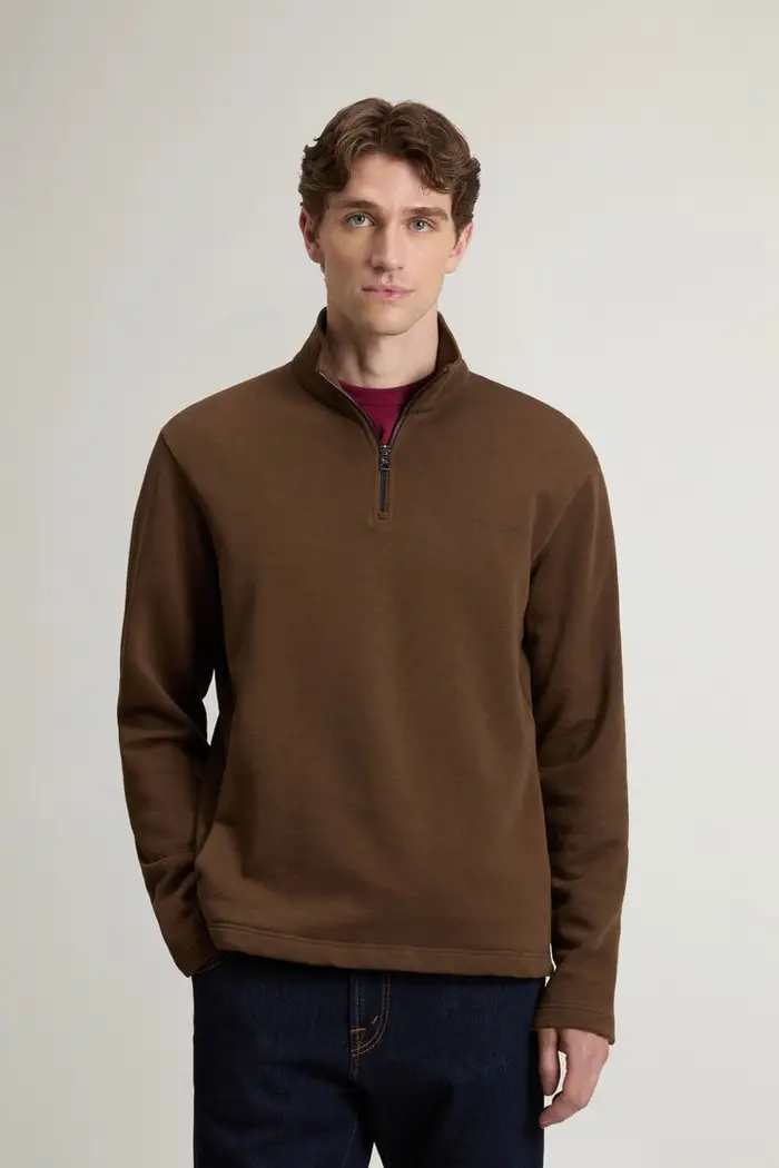 Woolrich uomo Felpa in puro cotone con zip Marrone Slate Black