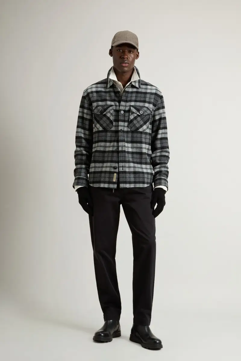 Woolrich Uomo Giacca a camicia in misto lana con motivo a quadri Tortora Grey Black Watch