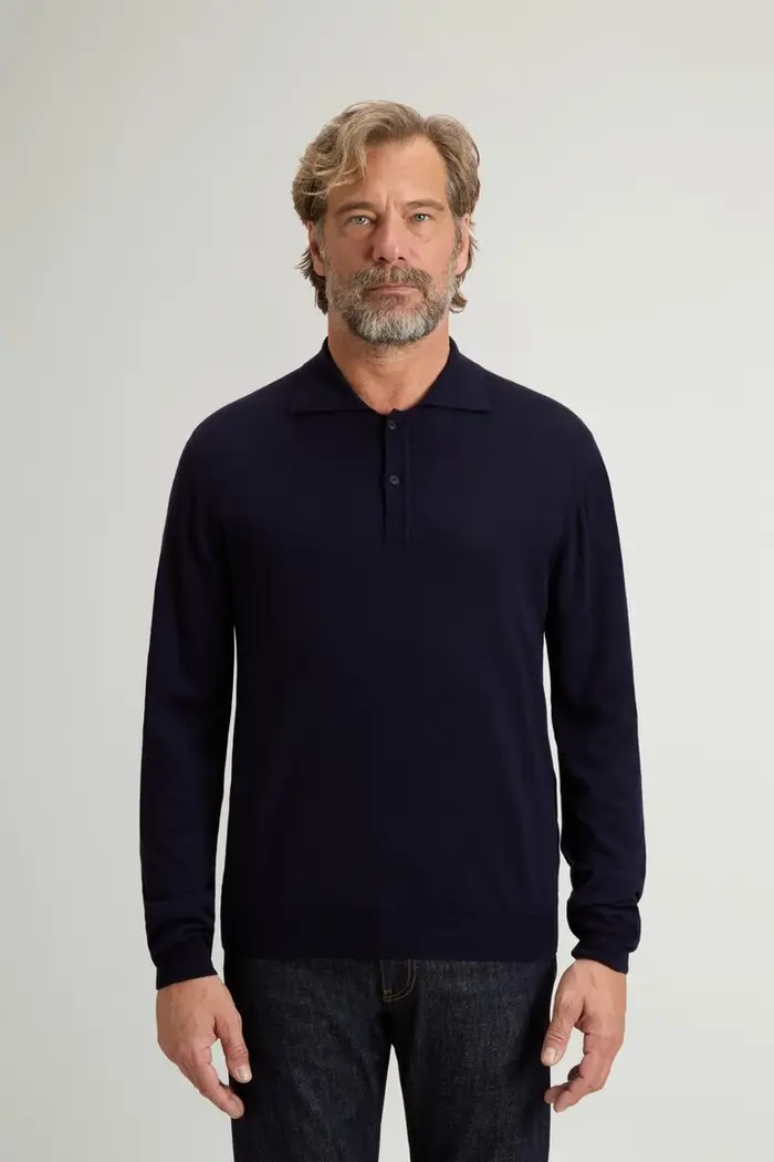 uomo Polo in maglia di pura lana vergine Merino Blu Melton Blue