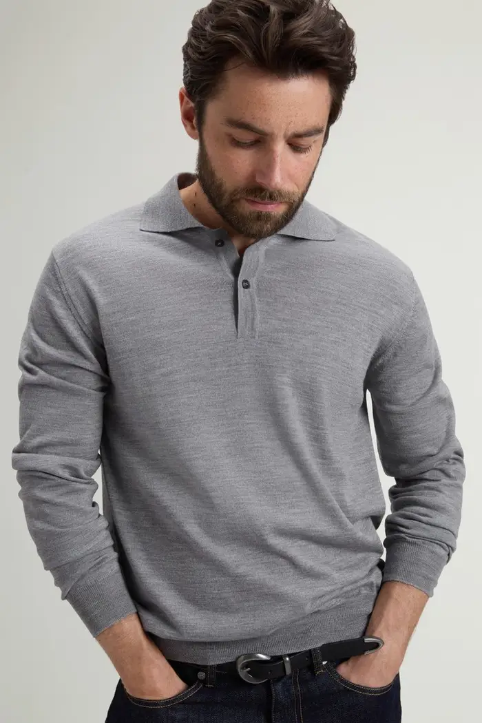 uomo Polo in maglia di pura lana vergine Merino Grigio Light Grey Melange