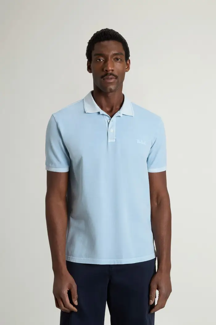 Woolrich uomo Polo Mackinack in piqué di cotone elasticizzato tinta in capo Blu Faded Flask
