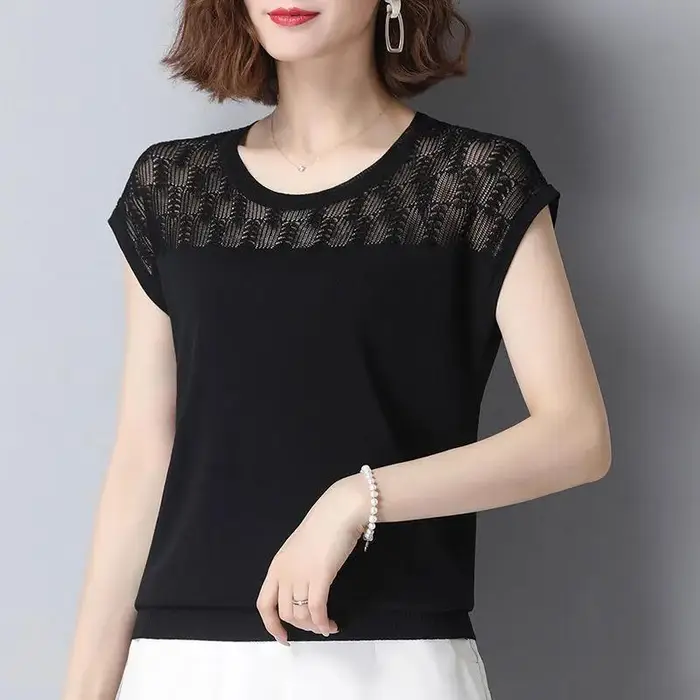 Abbigliamento Estivo da Donna Top Rosa Lavorato a Maglia Svasato Manica Corta Versatile Camicia in Seta Ghiacciata Protezione Solare Maglia Sottile da Base Maglietta Traspirante S nero