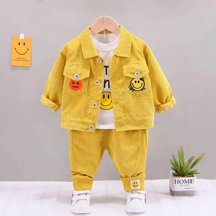 WTEMPO Abiti primaverili e autunnali per bambini set sottile in tre pezzi stampa disegno a colori a contrasto modello smiley giacca a