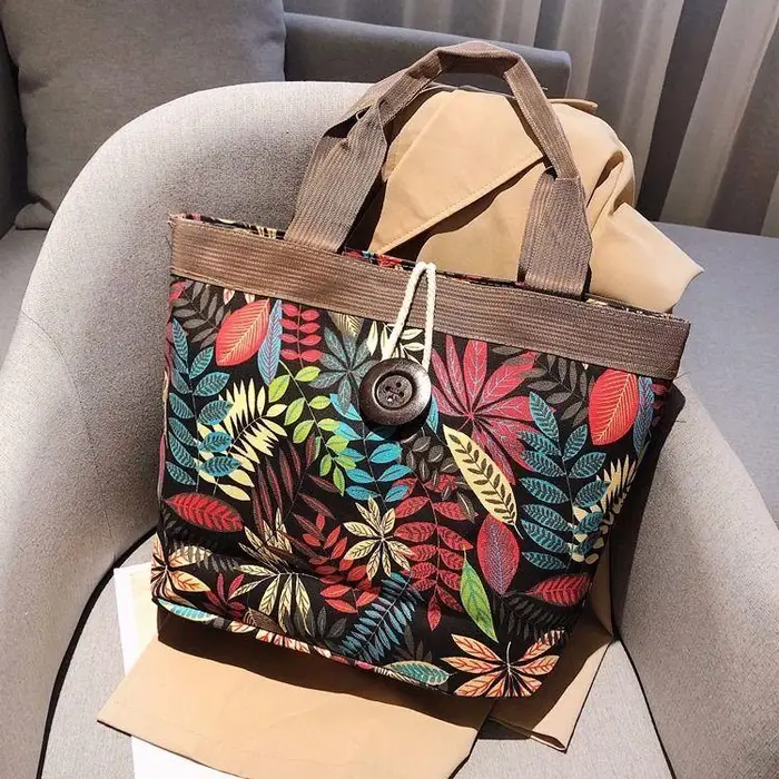 WTEMPO Borsa a tracolla singola in tela di grande capacità da donna Borsa da strada stile nazionale Borsa per la spesa versatile per madre