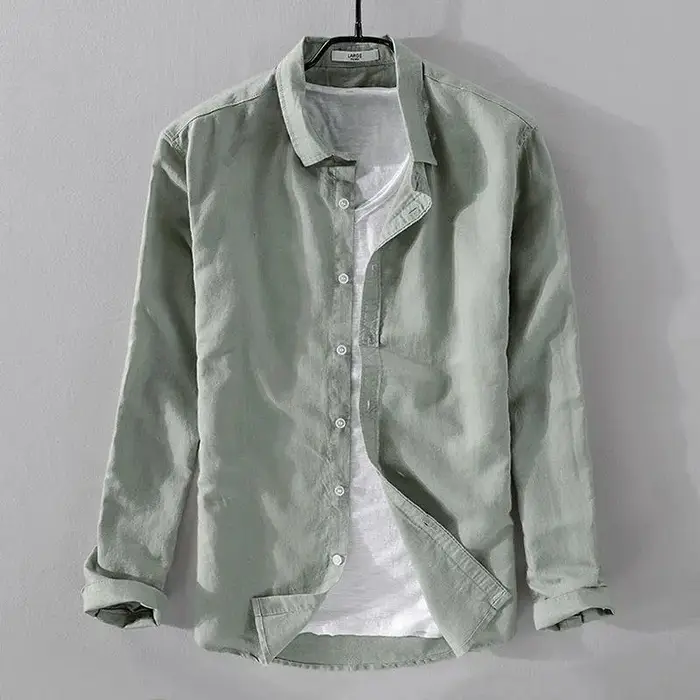 Camicia Giacca da uomo Protezione solare estiva Camicia sottile in cotone e lino a maniche lunghe Abbigliamento casual per abiti da uomo 4XL colore verde militare