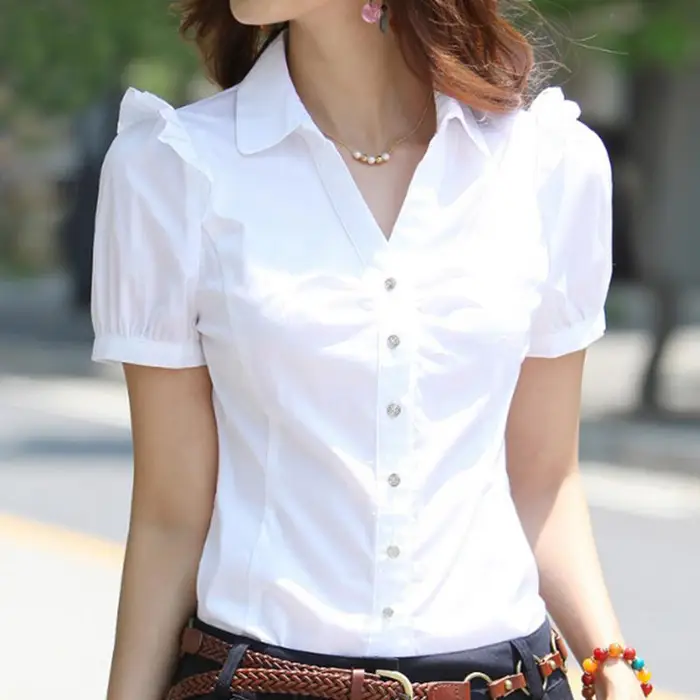 WTEMPO Camicia professionale con scollo a V Abbigliamento formale da donna Camicetta a maniche corte Utensili da donna Colletto bianco