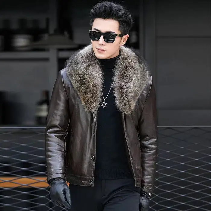 Cappotto di Pelliccia da Uomo Pelliccia Rimovibile Colletto in Pelliccia di Procione Alla Moda Imbottito e Ispessito Giacca Invernale in Pelle Giacca di Pelle Uomo XXXXXL marrone